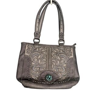 Montana West Gray Conceal Carry Tote Leather w/ Turquoise Stone & Holster GUC